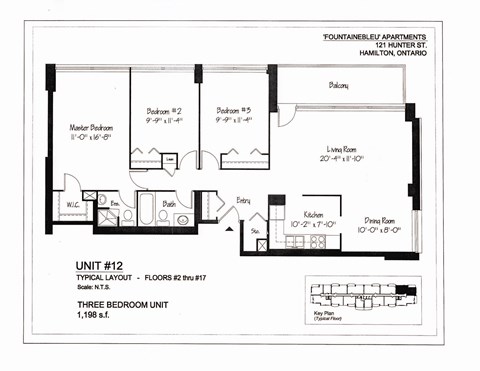 A drawing of apartment unit #12 showing a typical layout with three bedrooms and a living area.